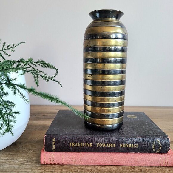 Vintage 7.5 Tall Solid Brass Vase with Black and Gold Striped Design. - Picture 1 of 6